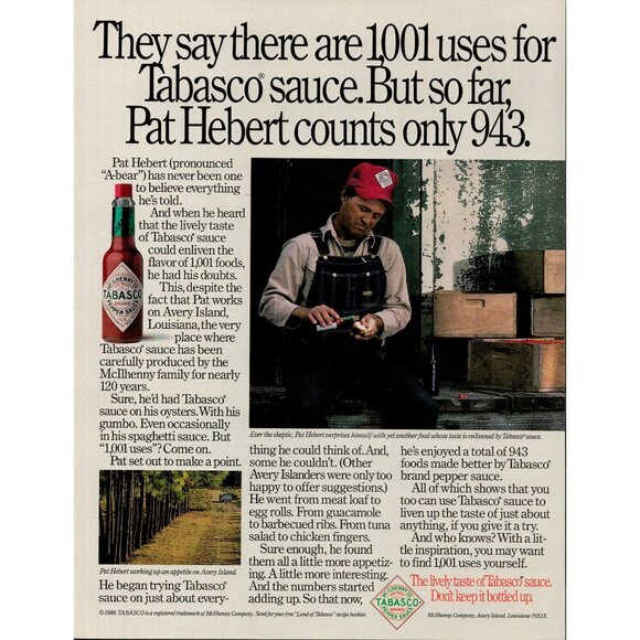 Tabasco Other - Tabasco Pepper Sauce 1988 Vintage Print Ad (L15)